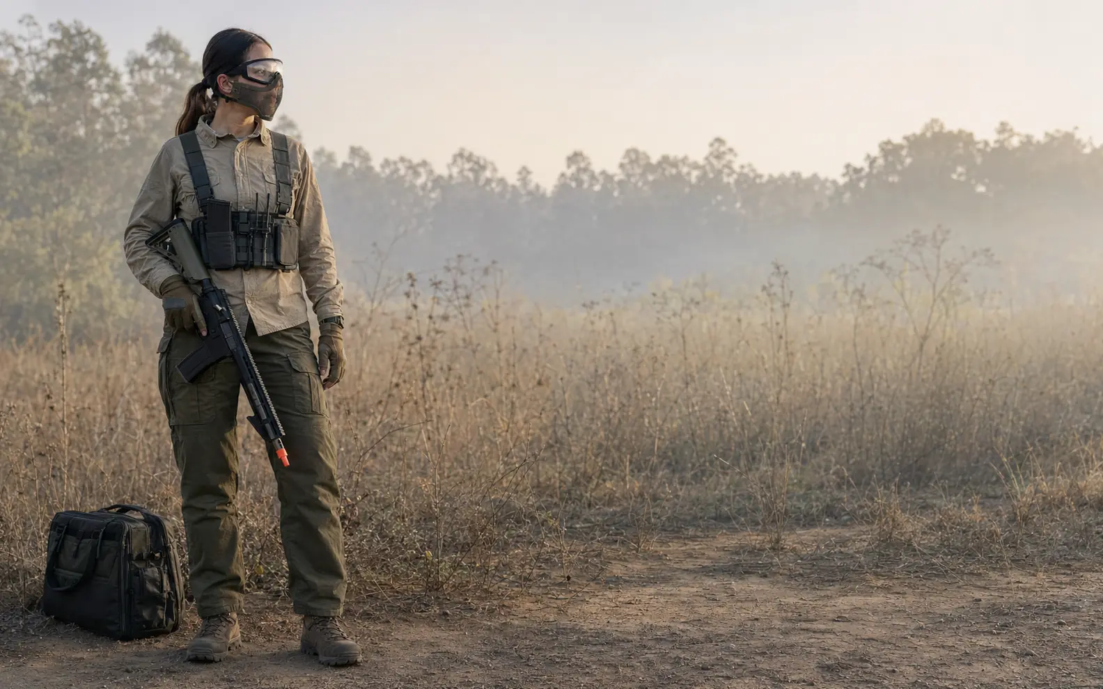 Entusiasta adulta preparando un equipo de airsoft con protección visible
